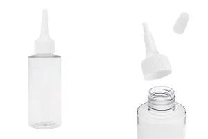 Пластмасова (PET) прозрачна бутилка от 100 мл с "нос" и бяла винтова капачка-изображение_продукт