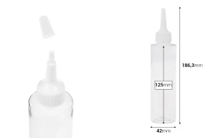 Пластмасова (PET) прозрачна бутилка от 150 мл с "нос" и бяла винтова капачка-изображение_размери