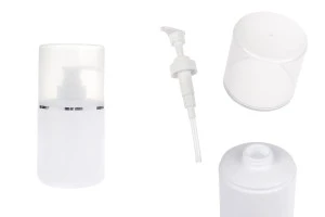 Пластмасова (HDPE) бяла бутилка 300 мл с помпа за крем и прозрачна капачка със сребриста лента-изображение_продукт