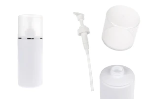 Пластмасова (HDPE) бяла бутилка 500 мл с помпа за крем и прозрачна капачка със сребриста лента-изображение_продукт