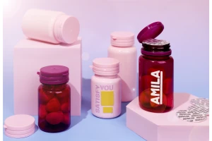 Пластмасов лилав PET буркан 100 мл за хапчета или капсули с предпазна капачка и уплътнител -изображение_група