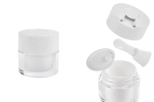 Акрилен пластмасов буркан 15 мл с бяла капачка, шпатула и пластмасово уплътнение-изображение_продукт