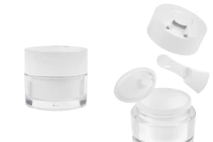 Акрилен пластмасов буркан 50 мл с бяла капачка, шпатула и пластмасово уплътнение-изображение_продукт