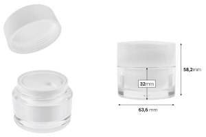 Акрилен пластмасов буркан 50 мл с бяла капачка, шпатула и пластмасово уплътнение-изображение_размери