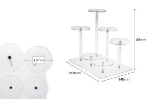 Прозрачна акрилна стойка за продукти 210x140x85 мм (диаметър на всяка основа 70 мм) - 6 позиции(основи)-изображение_размери