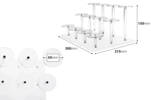 Прозрачна акрилна стойка за продукти 300x215x150 мм (диаметър на всяка основа 65 мм) - 12 позиции-изображение_размери