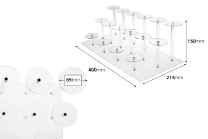 Прозрачна акрилна стойка за продукти 460x215x150 мм (диаметър на всяка основа 65 мм) - 16 позиции-изображение_размери