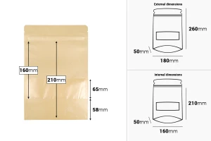 Крафт опаковка тип Doy Pack  180x50x260 mm, с цип  "zip" με и прозорец, размери  - 100 броя-изображение_размери