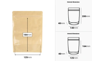 Торбички тип Doy Pack 140x40x200 мм крафт гръб (14c), прозрачна предна част (8c) със закопчаване "цип" и възможност за запечатване с термозапечатване - 100 бр.-изображение_размери