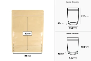Торбички Doy Pack 160x40x220 мм крафт гръб (14c), прозрачна предна част (8c) със закопчаване "цип" и възможност за запечатване с термозапечатване - 100 бр.-изображение_размери