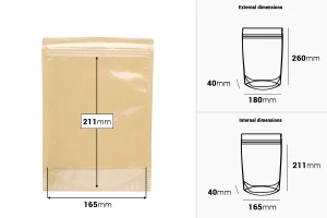 Торбички Doy Pack 180x40x260 мм крафт гръб (14c), прозрачна предна част (8c) със закопчаване "цип" и възможност за запечатване с термозапечатване - 100 бр.-изображение_размери