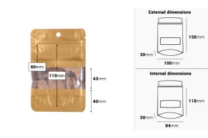 Алуминиеви торбички тип Doy Pack 100x30x150 mm с "цип" затваряне, прозорец и възможност за  термозапечатване  - 100 бр.-изображение_размери