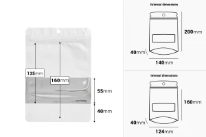 Алуминиеви торбички тип  Doy Pack 140x40x200 mm с цип, прозорец  - 100 бр.-изображение_размери