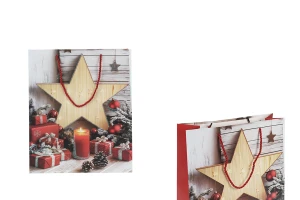 Хартиени подаръчни торбички 260x100x320 мм (210 г) с дизайн коледна звезда и червен шнур за дръжка - 12 бр.-изображение_продукт