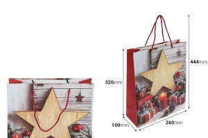 Хартиени подаръчни торбички 260x100x320 мм (210 г) с дизайн коледна звезда и червен шнур за дръжка - 12 бр.-изображение_размери