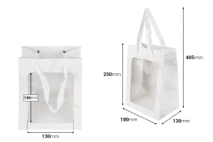 Хартиени подаръчни торбички 180x130x250 мм с прозорец и панделка за дръжка - 12 бр.-изображение_размери