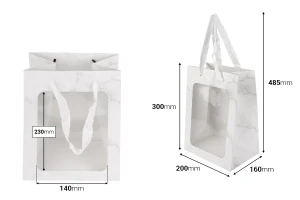Хартиени подаръчни торбички 200x160x300 мм с прозорец и панделка за дръжка - 12 бр.-изображение_размери