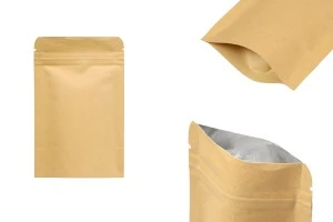 Крафт торничка тип Doy Pack със затваряне с цип, алуминиева вътрешна облицовка и възможност за термозапечатване 90x30x140 mm - 50 бр.-изображение_продукт