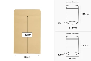 Крафт торбички с размер  Doy Pack 110x30x185 мм, с алуминиевo вътрешно покритие, закопчаване с "цип" и възможност за  термозапечатване - 50 бр.-изображение_размери