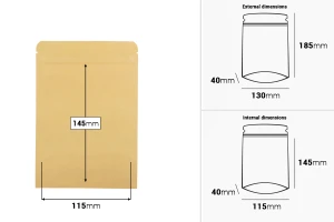 Опаковка карфт тип "DOY PACK", с вътрешна алуминиева облицовка, с размери  130x40x185 mm-изображение_размери