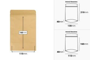 Опаковка тип "DOY PACK" , с вътрешна алуминиева облицовка, с размери 130x40x210 mm - 50 броя-изображение_размери