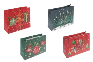 Коледна хартиена подаръчна торбичка 310x120x250 мм с усукана  дръжка - 12 броя микс от дизайни и цветове-изображение_продукт