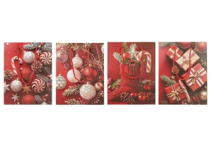 Коледни хартиени червени подаръчни торбички 260x100x320 мм с празничен дизайн и червен шнур - 12 бр. микс дизайни-изображение_група