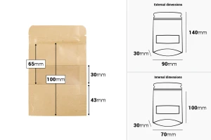 Крафт опаковка тип DOY PACK 90x30x140 mm с цип и прозорец,  с външна и вътрешна облицовка прозрачна - 100 бр.-изображение_размери