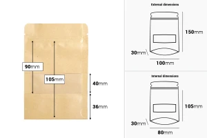 Крафт опаковка тип DOY PACK  100x30x150 мм с цип и прозорец,  с външна и вътрешна облицовка прозрачна с възможност за термозапечатване - 100 бр.-изображение_размери