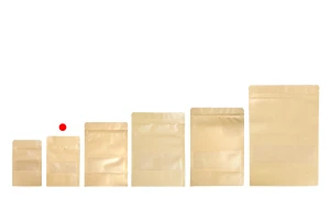Крафт опаковка тип DOY PACK  100x30x150 мм с цип и прозорец,  с външна и вътрешна облицовка прозрачна с възможност за термозапечатване - 100 бр.-изображение_група
