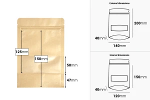 Крафт опаковка тип DOY PACK  140x40x200 мм  с цип и прозорец,  с външна и вътрешна облицовка прозрачна- 100 бр., с възможност за термозапечатване-изображение_размери