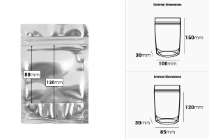 Опаковка тип Doy Pack с размери 100x30x150 mm с алуминиева задна част и прозрачна предна част с цип затваряне  - 100 бр.-изображение_размери