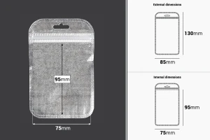 Пликчета с цип 85x130 mm, нетъкан сребърен текстил в гръб, прозрачна предна част с дупка Eurohole - 100 бр.-изображение_размери