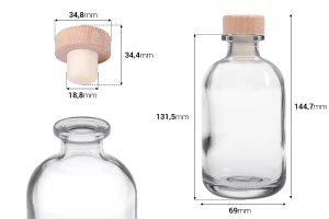 Стъклена бутилка 250 мл с дървено-силиконова тапа-изображение_размери