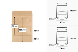 Пликове дой пак с размери  90x30x140 mm от крафт хартия , с цип и с  прозорец, вътрешна и външна прозрачна облицовка - 100 бр.-изображение_размери