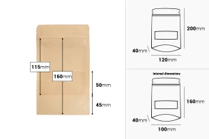 Пликове Крафт ДОЙ ПАК  с размери  120x40x200 mm, с цип, прозорец, - 100 бр.-изображение_размери
