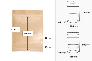Хартиени торбички с тип ДОЙ ПАК 160x40x220 mm, с цип, с прозорец, вътрешна и външна прозрачна облицовка - 100 бр.-изображение_размери