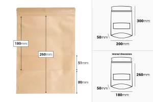Крафт торбички тип Doy Pack 200x50x300 mm, с цип, прозорец, - 100 бр.-изображение_размери
