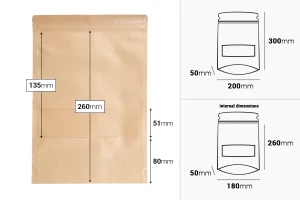 Крафт торбички тип Doy Pack 200x50x300 mm, с цип, прозорец, - 100 бр.-изображение_размери