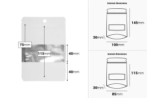 Алуминиеви торбички тип  Doy Pack 100x30x145 мм със закопчаване "цип", с прозорец и възможност за термозапечатване- 100 бр.-изображение_размери