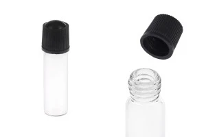 Стъклена миниатра 1 ml, с размери 10x35 с черна пластмасова капачка-изображение_продукт