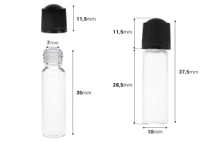 Стъклена миниатра 1 ml, с размери 10x35 с черна пластмасова капачка-изображение_размери