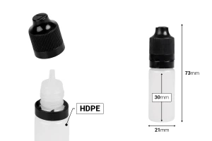 Пластмасова млечна бутилка 10 ml с черна пластмасова капачка  CRC и капкомер за електронни цигари - 50 бр.-изображение_размери