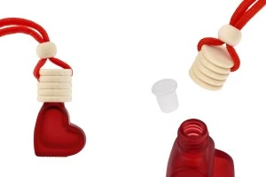 Стъклена червена  матирана бутилка 4 мл във формата на сърце за ароматизатор за кола с дървена капачка и тапа - 25 бр. -изображение_продукт