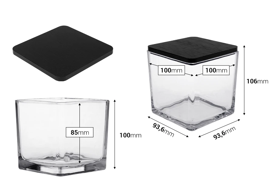 Стъклен декоративен квадратен съд 650 ml с размери 100x100x100 mm с дървена капачка за свещи Стъклен декоративен квадратен съд 650 ml с размери 100x100x100 mm с дървена капачка за свещи