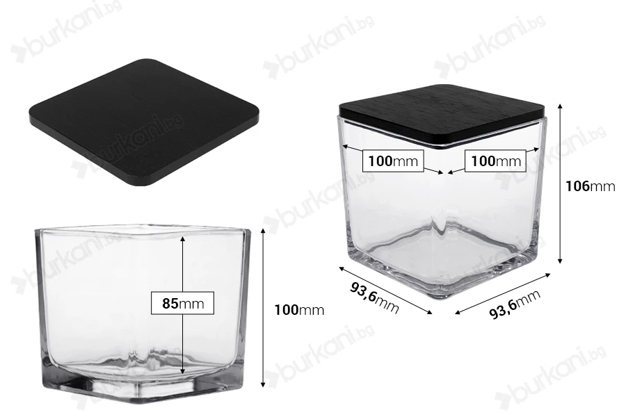 Стъклен декоративен квадратен съд 650 ml с размери 100x100x100 mm с дървена капачка за свещи-изображение_размери