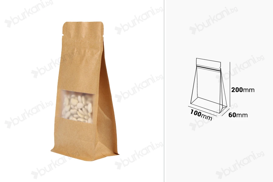 Крафт торби тип Doy Pack 100x60x200 mm, с "цип" затваряне, прозорец, вътрешна и външна прозрачна оближовка  - 50 бр.-изображение_размери