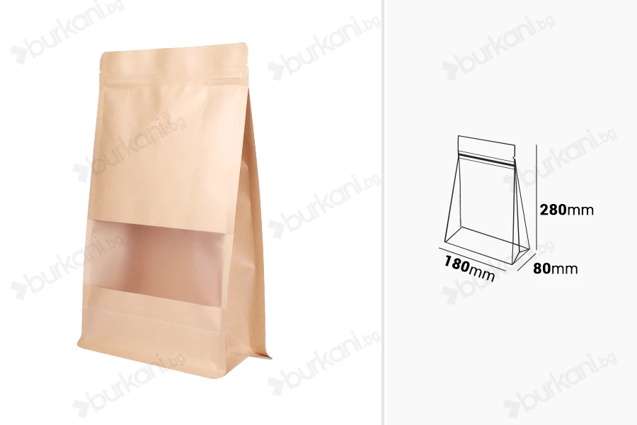 Крафт пликове тип " Doy Pack"  180x80x280 mm, с "цип" затваряне, клапан, прозорец,  - 25 бр.-изображение_размери