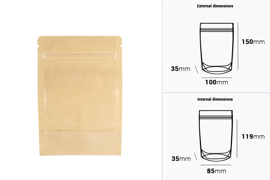 Торбички тип Doy Pack 100x35x150 мм крафт гръб (14c), прозрачна предна част (8c) със закопчаване "цип" и възможност за запечатване с термозапечатване - 100 бр. Торбички тип Doy Pack 100x35x150 мм крафт гръб (14c), прозрачна предна част (8c) със закопчаване "цип" и възможност за запечатване с термозапечатване - 100 бр.