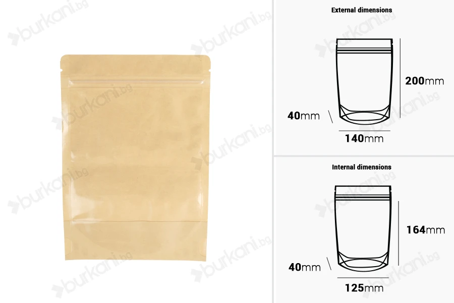 Торбички тип Doy Pack 140x40x200 мм крафт гръб (14c), прозрачна предна част (8c) със закопчаване "цип" и възможност за запечатване с термозапечатване - 100 бр.-изображение_размери